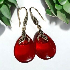 Chalcedony Chrystal Tear Drop Dangle Earrings with Sterling Silver Leaf Design